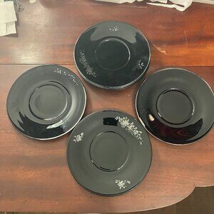 Lot of 6 Vintage 1930s Hazel-Atlas Black Glass 8" Plates Silver Floral Design